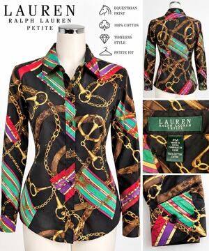 Lauren Ralph Lauren Petite PM Equestrian Horse Bit Chain Print Cotton Shirt